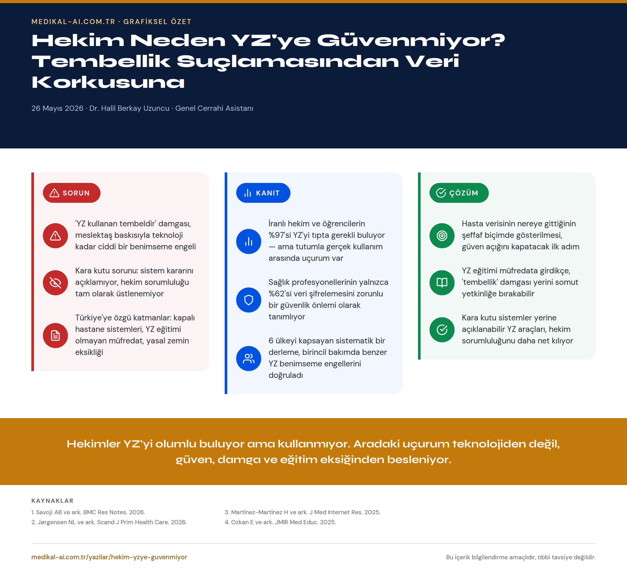 Hekim Neden YZ'ye Güvenmiyor? Tembellik Suçlamasından Veri Korkusuna — grafiksel özet